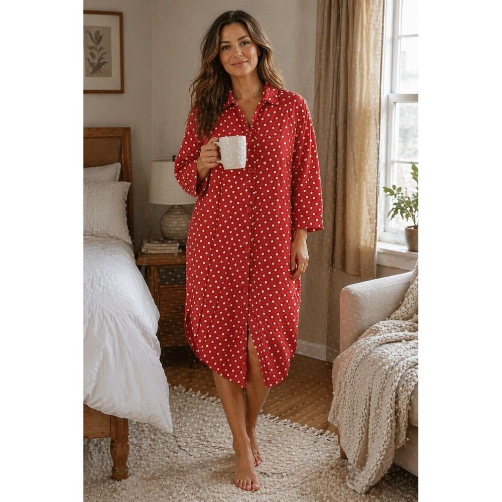 Vintage Raquel Unger Womens Night Shirt OS Red Polka Dot Sleep Caftan MuuMuu